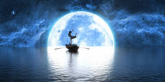 在月亮背景下的小船上跳舞的女人，3D插图