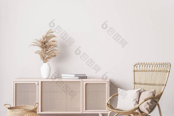 斯堪的纳维亚客厅设计中的木制自然家具，内墙模拟