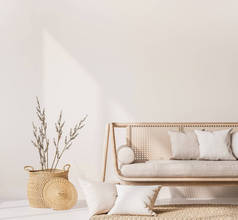 用天然木制家具、藤篮和时髦的地毯装饰现代客厅的内部。斯堪的纳维亚风格