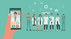 远程医疗概念，人类手持智能手机，使用应用程序进行视频通话、医疗保健或在线咨询医生和医务人员