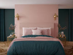 居室内部。装饰艺术风格。绿色粉红色和金色设计。 3D渲染