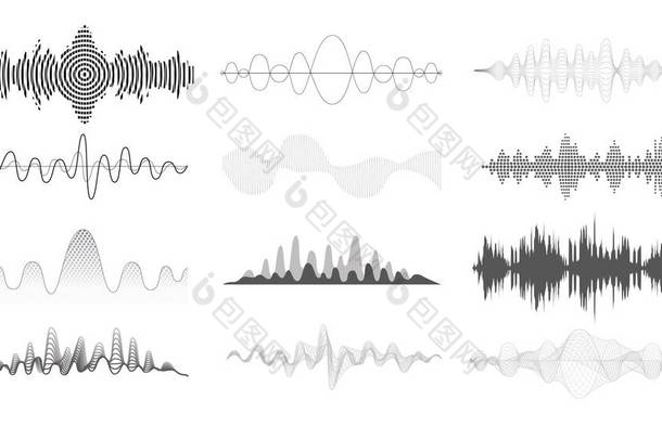 声波设定。音频均衡器技术,音量级<strong>符号</strong>,脉冲<strong>音乐</strong>,声线波形,电子无线电信号,地震波