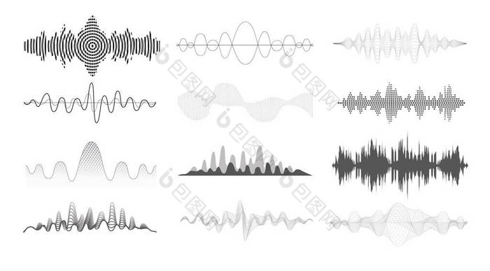 声波设定。音频均衡器技术,音量级符号,脉冲音乐,声线波形,电子无线电信号,地震波