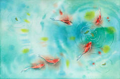 水彩画手绘，两只乌贼鱼在池塘里，象征好运与繁荣