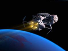 以行星为背景的宇宙飞船。 ，3D渲染 .