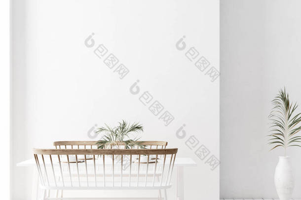 以木制<strong>家具</strong>装饰的白色简单内墙，Skdi-Boho<strong>风</strong>格，3D渲染