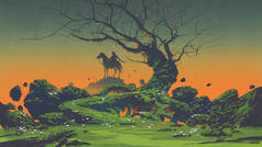 马和可怕的树在神秘的风景，数码艺术风格，插图绘画