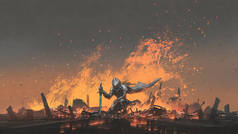 骑士带着魔剑坐在火上，数码艺术风格，插图绘画