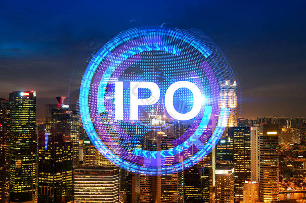 首次公开提供全息图、新加坡<strong>夜景全景</strong>。亚洲多国公司的金融中心。IPO过程促进经济增长的概念.
