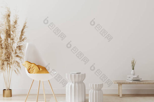 现代室内<strong>背景</strong>与空旷的白色墙壁，<strong>椅子</strong>和围裙草，豪华客厅室内<strong>背景</strong>，丑闻式风格，3D渲染