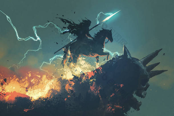 骑士，骑着马站在黑暗的骷髅悬崖上，数码艺术风格，插图绘画