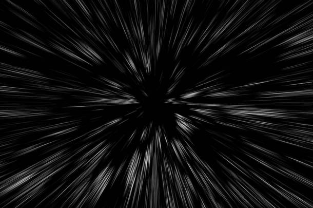 黑色背景上的Bokeh白线条，抽象，抽象的光速运动模糊纹理，恒星粒子或空间旅行，黑白挤压效果