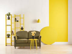 现代房间黄白色背景和绿色沙发风格，书架茶几花瓶植物和书籍.