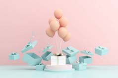 在粉色背景下三维渲染礼品盒和气球.