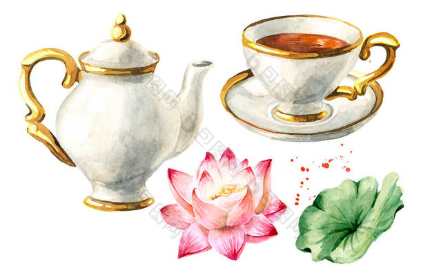 茶壶,一杯茶和<strong>莲花</strong>.在白色背景上孤立的<strong>手绘</strong>水彩画