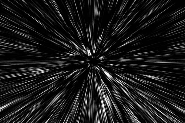 黑色背景上的Bokeh白线条，抽象，抽象的光速<strong>运动</strong>模糊纹理，恒星粒子或空间旅行，黑白挤压<strong>效果</strong>