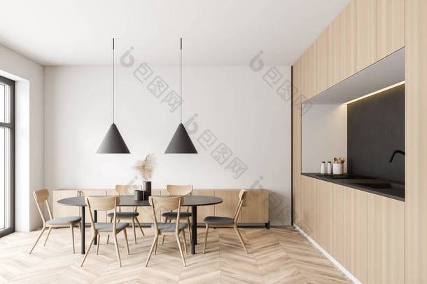 室内的现代客厅，有白色和木制墙壁，木制地板，圆形餐桌，米黄色沙发和橱柜。3d渲染