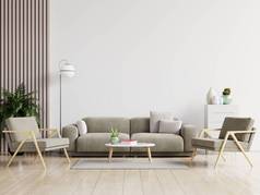 白色客厅，扶手椅和沙发，斯堪的纳维亚式室内设计。 3D渲染