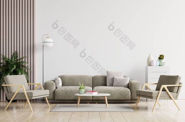 白色客厅，扶手椅和沙发，斯堪的纳维亚式室内设计。 3D<strong>渲染</strong>