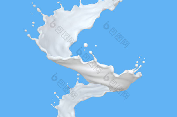 牛奶以扭曲的飞溅形式出现.<strong>包括</strong>收割路径。3D插图