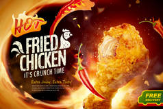 美味炸鸡3D插图与火和辣椒，辛辣的概念