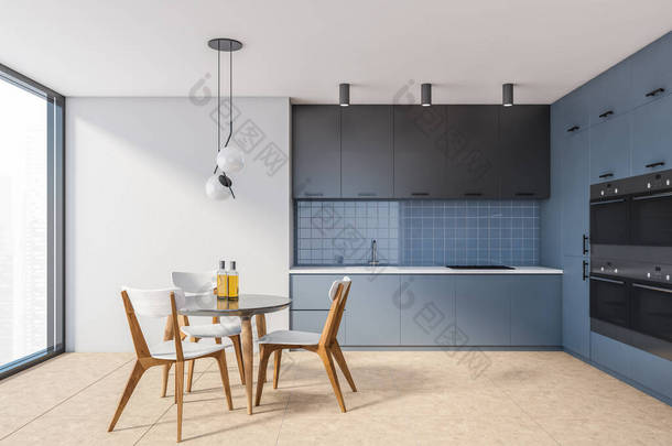 室内时尚的厨房，有白色和蓝色的墙壁，铺了瓷砖的地板，蓝色的橱柜，内置项目和圆形餐桌与椅子。3d渲染