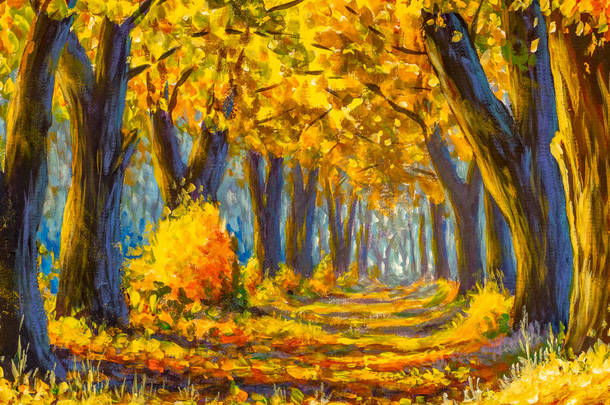 路在秋天的森林里，油画<strong>金秋</strong>在公园小巷的自然景观中