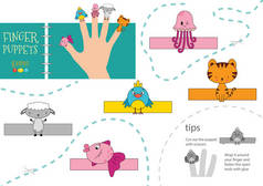 病媒动物作为手指木偶。学龄前儿童的剪切和胶水活动。可爱的纸水母，老虎，羊