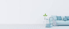 白色客厅室内设计与蓝色天鹅绒沙发和装饰植物与白色墙壁复制空间3D渲染3D插图