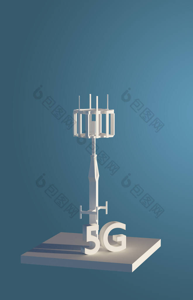 5g塔无线通信。网上广播。3D渲染，低聚合体