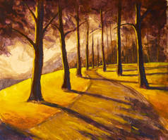 油画远足小径路在阳光明媚的森林公园小巷里，高大的日光树在橙色秋天的乡村风景画布上