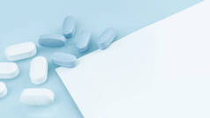 许多白色和蓝色胶囊片或药丸放在桌上的医疗背景。关闭通知复制空间。卫生保健、制药和医药概念。止痛药或处方药消费