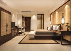 三维渲染豪华热带卧房套间的度假酒店与衣柜