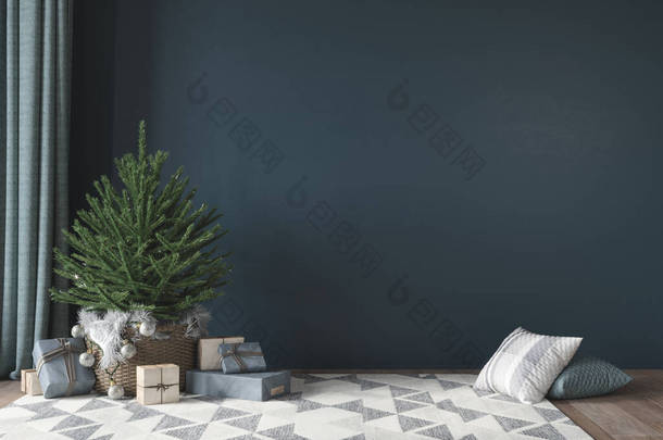 <strong>喜庆</strong>的室内装饰，篮子里有可爱的小圣诞树，蓝色墙壁背景上有<strong>几何</strong>图形的礼物和地毯 