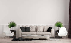 现代客厅和模拟家具室内设计和白墙纹理背景