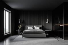 内饰时尚主卧室与灰色和木制墙壁，球拍地板和舒适的国王尺寸床。3d渲染