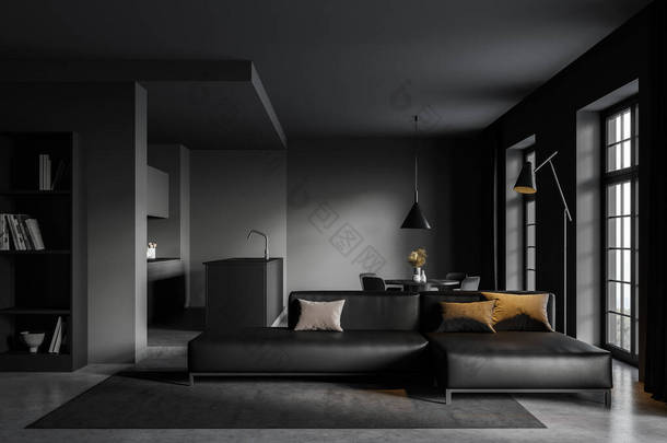 内饰时尚客厅，带有深灰色<strong>墙壁</strong>，混凝土地面和大沙发。3d渲染