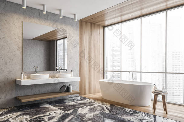 现代化浴室的拐角处，有混凝土和木制墙壁、大理石地板、舒适的浴缸和两个带有镜子的圆形水池。3d渲染