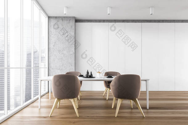 现代餐厅的前景,有混凝土和白色的墙壁,木制地板,桌子和椅子.3d渲染