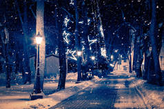 冬夜公园，有灯笼和圣诞装饰品，下着大雪.