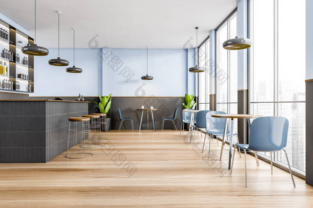 有桌子和椅子的蓝色和黑色咖啡馆内部，有酒瓶的吧台，木制地板上靠窗的家具，摩天大楼的景观。3D渲染，<strong>没有人</strong>