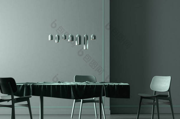 斯堪的纳维亚风格的<strong>餐厅</strong>，有木制<strong>椅</strong>子和桌子。最低限度的<strong>餐厅</strong>设计。3D插图.