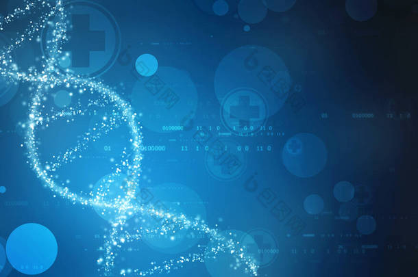 DNA结构、抽象医疗和保健背景、高科技概念、 DNA在高科技蓝色背景下的未来发展 