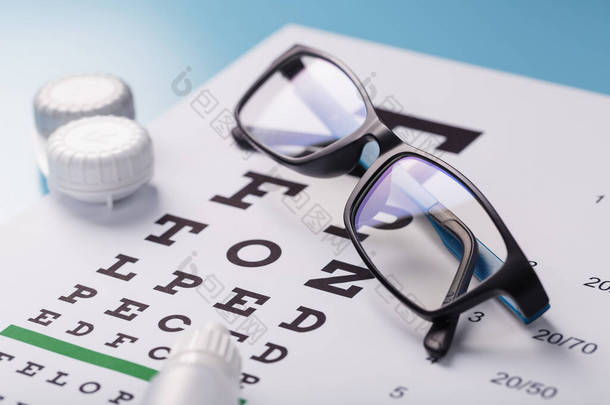 眼科配件眼镜和镜片，附有眼睛测试图，用于蓝色背景下的视力矫正。治疗视力问题。四.后续行动