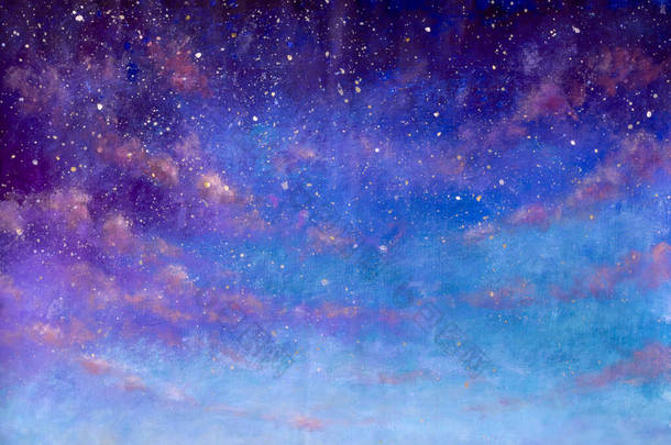 宇宙蓝色的夜空充满了星星和紫色的云彩手工制作的丙烯酸画.水彩画背景