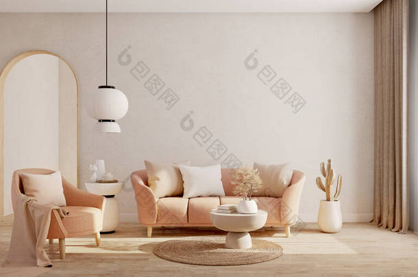 客厅。沙发和米色的扶手椅。 3D渲染