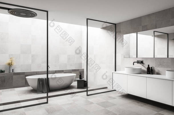 <strong>现代化</strong>浴室的拐角处，有白色的墙壁和地板，舒适的浴缸，淋浴间和双层水池。3d渲染