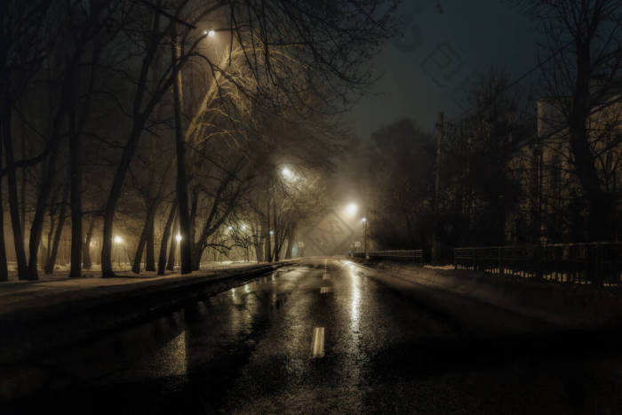 雾蒙蒙的夜路被街灯照亮图片-包图网企业站