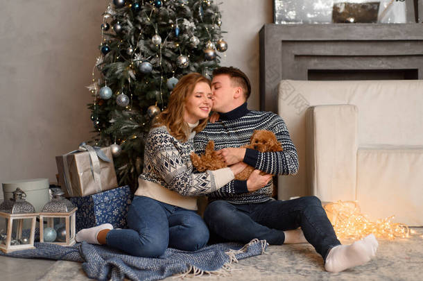 快乐的家庭，穿着时髦的毛衣，和可爱的小狗在有<strong>圣诞</strong>树的<strong>喜庆</strong>的房间里玩乐。感情用事<strong>圣诞</strong>快乐，新年快乐。节日快乐