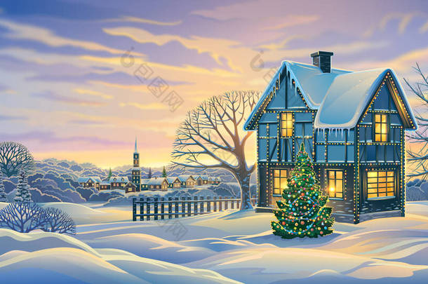 喜庆的冬季风景，在农村地区有一个装饰华丽的房子和装饰华丽的圣诞树。栅格图解.